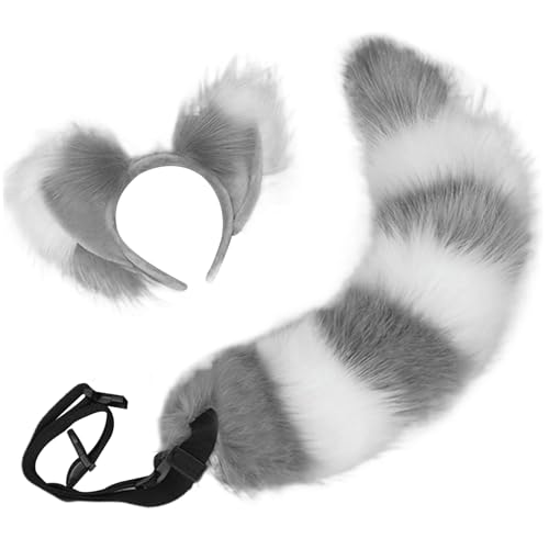 Hperu Fox Ears Fox Ohren und Schwanzset, pelzige Fuchs Ohren Stirnband, Kunstfell Therianer Schwanz, niedliches Fuchskostüm für Erwachsene Kinder Cosplay -Party -Kostümzubehör, Grau von Hperu