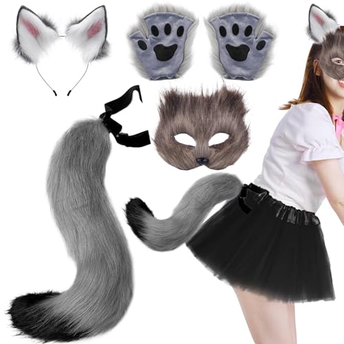 Hperu Fox Kostüm Fox Kostüm 1 Set Realistic Fluffy Cute Grey Decorative Therian Getriebe umfasst Fuchsmaske, Fuchsohren, Fuchsschwanz und Fuchspfoten für Maskerade Cosplay Party Halloween von Hperu