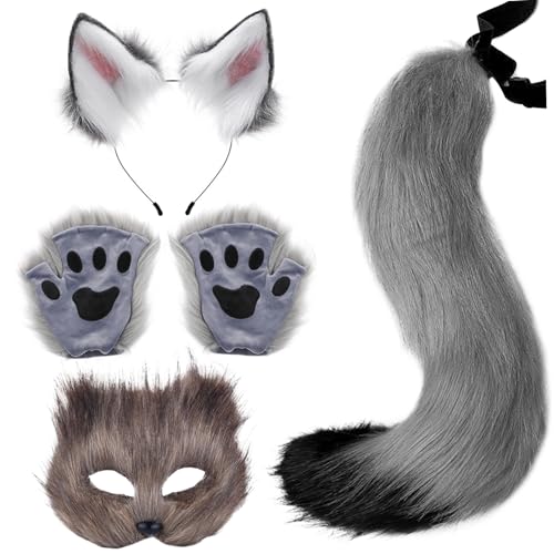 Hperu Fox Mask Fox Kostüm 1 Set Realistic Fluffy Cute Grey Decorative Therian Getriebe umfasst Fuchsmaske, Fuchsohren, Fuchsschwanz und Fuchspfoten für Maskerade Cosplay Party Halloween von Hperu