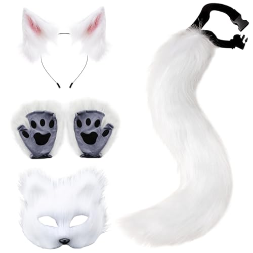 Hperu Fox Mask Fox Kostüm 1 Set Realistic Plüsch weiße thematische Therian -Ausrüstung umfasst Fox -Maske, Fuchsohren, Fuchsschwanz und Fuchspfoten für Maskerade Cosplay Party Halloween von Hperu