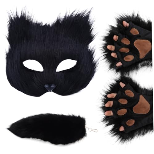 Hperu Fox Mask Halb-Face Therian Maske, gefälschte Therian Tails und Faux Therian Paws Handschuhe, weiche pelzige Therian-Ausrüstung, pelziges Kostüm für Maskerade Party Ostern Cosplay von Hperu