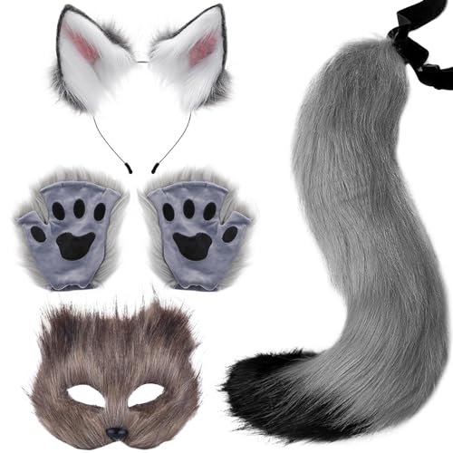 Hperu Fox -Maske, Fox Kostüm 1 Set Realistic Fluffy Cute Grey Decorative Therian Getriebe umfasst Fuchsmaske, Fuchsohren, Fuchsschwanz und Fuchspfoten für Masquerade Cosplay Party Halloween von Hperu