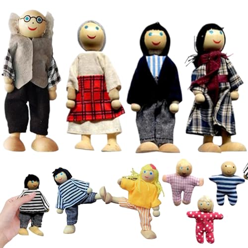 Hperu Holzpuppen 9 Familienfiguren Holzpuppen poable niedliche Puppenhaus -Persönlichkeiten Set Set Spielen Spielpuppe für Mädchen Jungen Kinder Puppenhaus Accessoires Spielzeug von Hperu