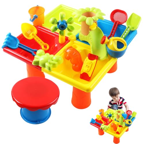 Hperu Kids Water Tisch Kleinkind Wassertisch 25pcs/Set 4 Fach Sensory Tisch Quadrat Sandtisch mit Stuhl interaktive Eltern-Kind-Entwicklungswasser und Sandtisch für Outdoor Beach von Hperu