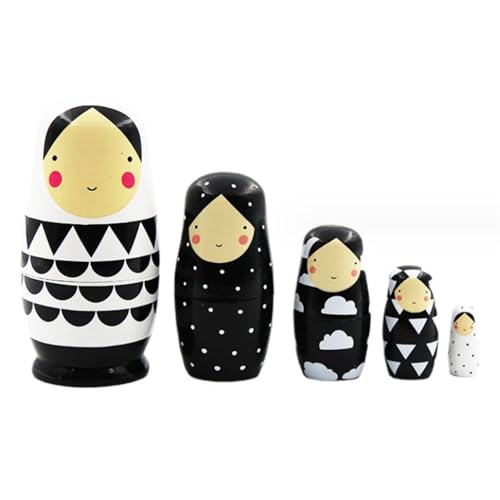 Hperu Russische Nistpuppen Russische Puppen, 5pcs hölzerne russische Nistpuppen, niedliche Schwarze und weiße Nistpuppen für Kinder Erwachsene, wasserdichte Stapelmatryoshka -Puppe, Nistpuppen von Hperu