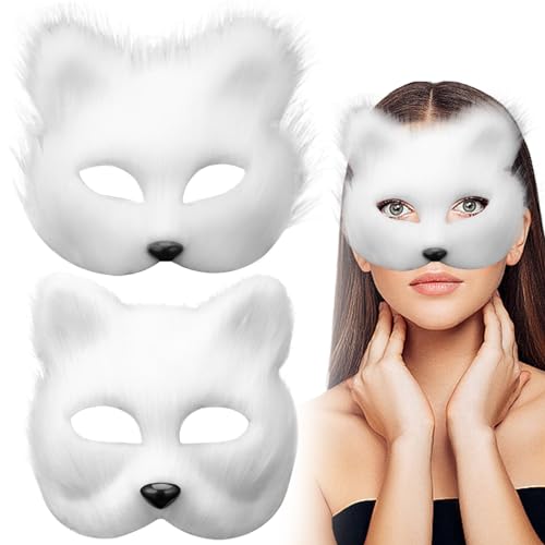 Hperu Therian Maske, Fox Maske 2PCS Realistic Plüsch Therian Maske Halbgesicht Dekorative weiße pelzige Maske Masquerade Tiermaske für Cosplay -Party Halloween von Hperu