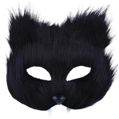 Hperu Therian Maske, Katzenmaske Halbgesicht Langes Plüschfuchs Mask Künstliche realistische Therian Maske Schwarze Tiermaske für Maskerade, Halloween, Dress Up, Cosplay, Fuchsmaske von Hperu