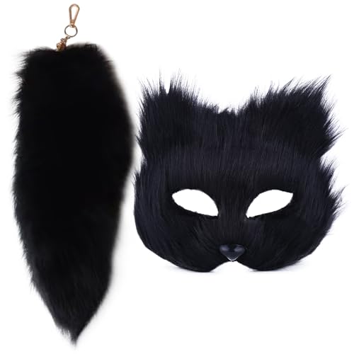 Hperu Therian Maske, Katzenmaske und Therian Tail Set Pelry Fox Maske ＆ 16 '' Long Fox Tail Keychain Halbgesicht Maskerade Maske für Cosplay -Fantasie -Party Schwarz von Hperu