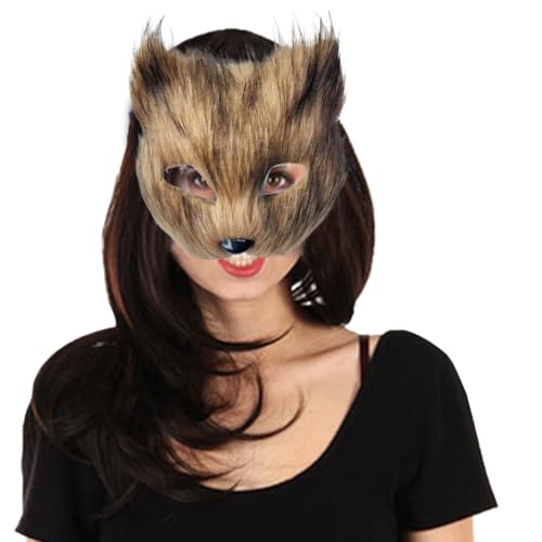 Hperu Therian Maske Halbgesicht Pelry Maske Halloween Fox Maske mit Elastic Band Cat Mask Therian Ausrüstung für Cosplay, Halloween-Party, Masquerade Kostüm Brown Therian Maske von Hperu