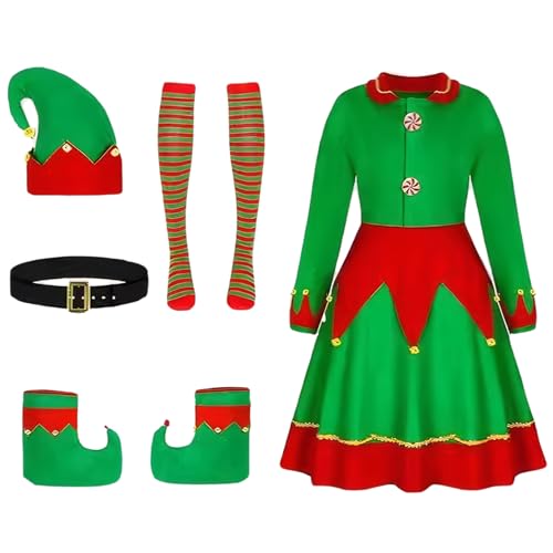 Hperu Weihnachts -Elf -Kostüm für Frauen, Elf Kostüm mit Elf Hut Schuhen Gürtel Socken Elf Kostüm Mode Kostüm weich und warm für Frauen Geburtstag Geschenke Weihnachtsfeier Cosplay, L. von Hperu