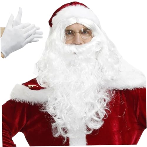 Hperu Weihnachtskostüm, Weihnachtsmann und Perücken Set mit Huthandschuhen und Brille 5PCS Weihnachtskostüm süßes lockiges Haar Santa Kostüm für Cosplay -Party von Hperu