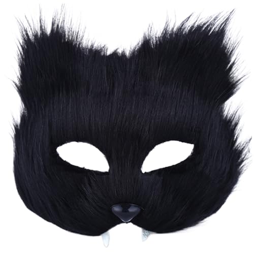 Katzenmaske Frau Katze Gesichtsmaske Pelzige Therian Masken Halbgesicht Fuchs Maske Wolf Maske Halloween Cosplay Mask Realistische Therian Maske Schwarze Tiermaske für Maskerade, Halloween, Karneva von Hperu