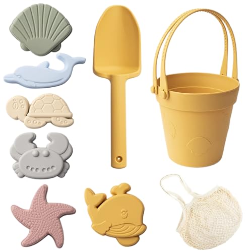 Kids Beach Toys Sandspielzeug für Kinder, 8pcs Safe Silikonstrandspielzeug mit Schaufel, Eimer und Sandformen, wasserdichte Sandkastenspielzeug für Reisen Sommer im Freien Gelb gelb von Hperu