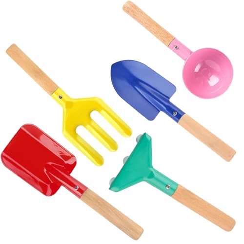 Kinder Strand Sandspielzeug 5 -teilige Kinder Gartenwerkzeuge Set Kinder Strand Sandspielzeug Metall mit robustem Holzgriff Safer Strandgartenlöffel, Gabel, Kelle, Rake & Shovel Set für Kin von Hperu