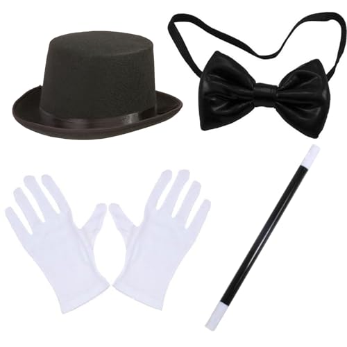 Magierhut, 4PCS/Set Magier Kostüm Halloween Magier Kit mit hohem Hut, Zauberstab, Handschuhen und Fliege Magier Kostüm Erwachsener für Kostümpartys, Cosplay- und Themenveranstaltungen, Magierstab von Hperu