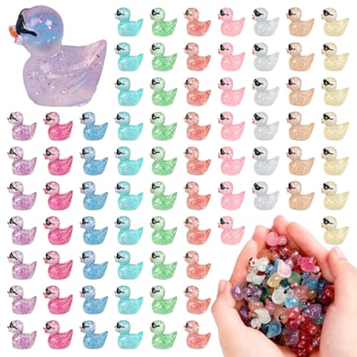 Mini Ducks, 100 Pack leuchtende Mini Glitter Ducks mit Sonnenbrille, Glühen im dunklen Harz winzigen Enten, Mini -Harz -Tiere für Dollhouse Landscape Fairy Garden Decor von Hperu