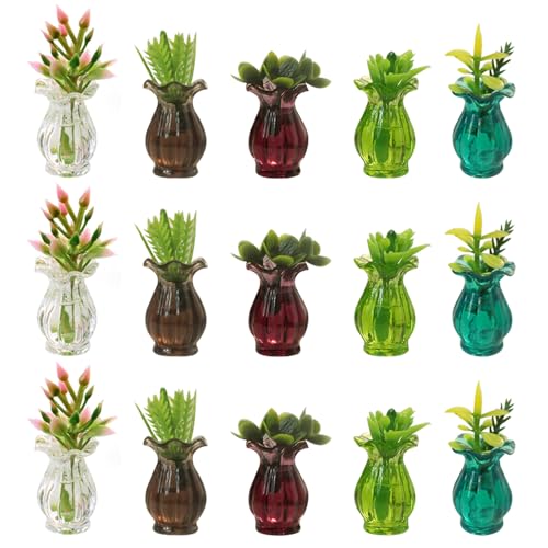 Miniaturpflanzen Dollhouse -Pflanzen 15pcs Künstliche Miniaturpflanzen Harzes Blütenmodell mit Vase Mini Bonsai -Pflanze für Miniaturlandschaft Dollhouse Dekoration von Hperu