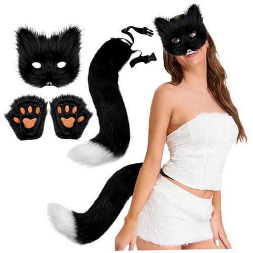 Therianische Maske und Schwanz, Schwarz -Weiß -Fuchsmaske und Schwanz mit Fuchspfoten, realistische Halloween -Kostüme Therian Maske und Schwanz dekoratives pelziges Kostüm für Cosplay, Wolf Ohrs u von Hperu