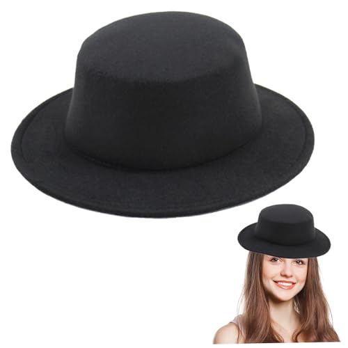 Weitkehne Fedora Hüte für Frauen Männer schwarzer Krempe Hut Winter Unisex Thermal Flat Top Hut Verstellbarer britischer Hut für Partyhochzeit, One Sizex von Hperu