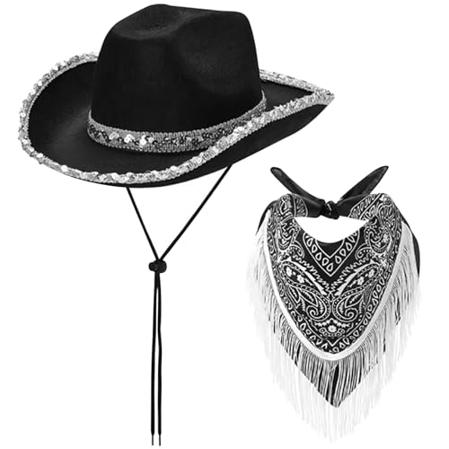 Western Cowboy -Kostüm -Set, 2pcs Cowboyhut und Bandana, schwarzer Cowboyhut und Halskarf mit Fringe Cowboy Accessoires für Cosplay -Party, Black von Hperu