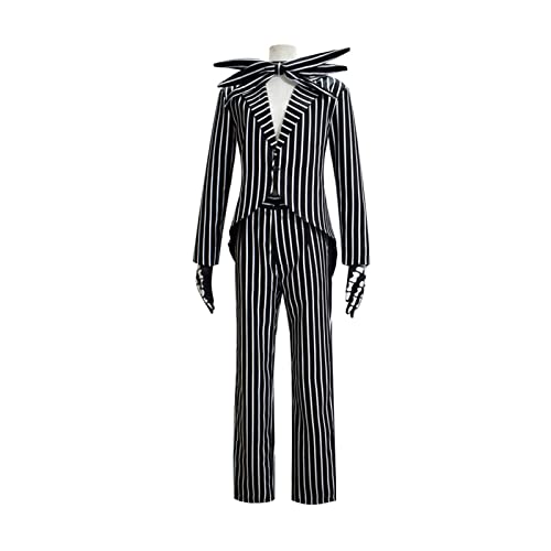 Jack Skelett Kostüm Skellington Maske Weihnachten Halloween Cosplay Outfits Full Sets Deluxe Anzüge Streifen Uniform von Hqroidd