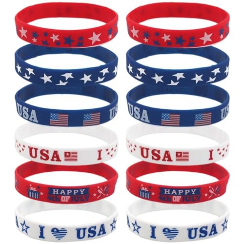 Hrippy 12 Stück 4. Juli Partygeschenke Silikonarmbänder Amerikanische Flagge Rot Weiß Und Blau Gummiarmbänder Für Unabhängigkeitstag Party Feiertagsdekorationen von Hrippy