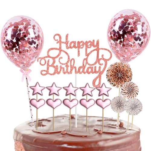 Hrlace 17 Stück Tortendeko Geburtstag Happy Birthday Kuchendeko Glitzer Sterne Topper Konfetti Luftballon Tortendeko Cake Topper Glitzer Geburtstagsdeko für Junge Mädchen Männer Frauen Roségold von Hrlace