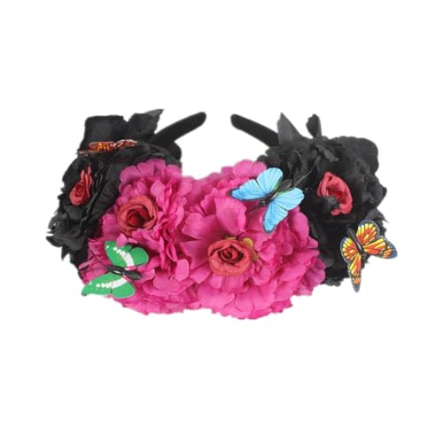 Hrlace Blume Krone Stirnband Halloween Kopfschmuck Mexikanische Blumenkrone Rose Stirnband Tag der Toten Kopfschmuck Halloween Party Kostüm Haarband Festival Cosplay Haarreif Lila Schwarz 1 Stück von Hrlace