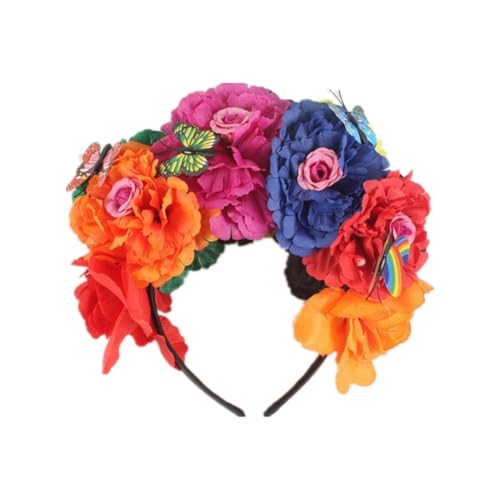 Hrlace Blume Krone Stirnband Halloween Kopfschmuck Mexikanische Blumenkrone Rose Stirnband Tag der Toten Kopfschmuck Halloween Party Kostüm Haarband Festival Cosplay Haarreif Multi Farben 1 Stück von Hrlace