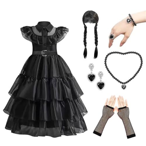 Hrlace Wednesday Kostüm kinder Mädchen Wednesday Kostüm Kleid Schwarz Kleid Mädchen Damen Halloween kostüm Mittwoch Karneval Kostüm-Outfits für Cosplay Party Fasching Karneval Halloween A-set 160cm von Hrlace