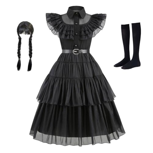 Hrlace Wednesday Kostüm kinder Mädchen Wednesday Kostüm Kleid Schwarz Kleid Mädchen Damen Halloween kostüm Mittwoch Karneval Kostüm-Outfits für Cosplay Party Fasching Karneval Halloween B-set1 110cm von Hrlace