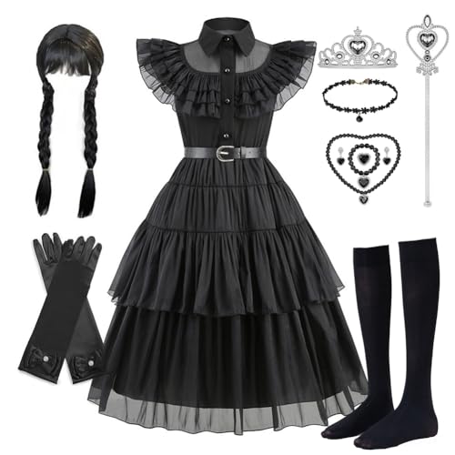 Hrlace Wednesday Kostüm kinder Mädchen Wednesday Kostüm Kleid Schwarz Kleid Mädchen Damen Halloween kostüm Mittwoch Karneval Kostüm-Outfits für Cosplay Party Fasching Karneval Halloween B-set2 150cm von Hrlace