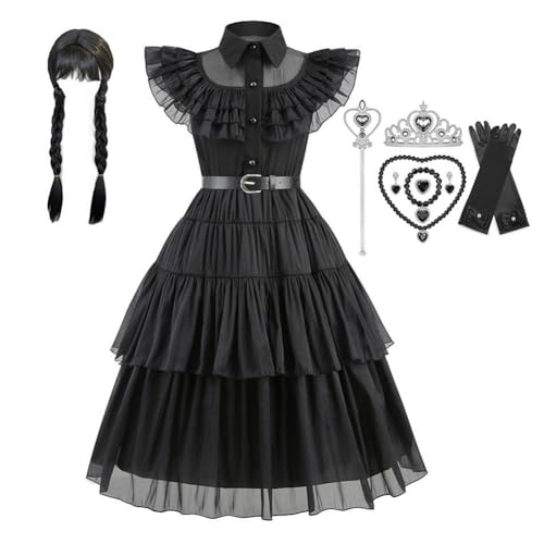 Hrlace Wednesday Kostüm kinder Mädchen Wednesday Kostüm Kleid Schwarz Kleid Mädchen Damen Halloween kostüm Mittwoch Karneval Kostüm-Outfits für Cosplay Party Fasching Karneval Halloween B-set3 130cm von Hrlace