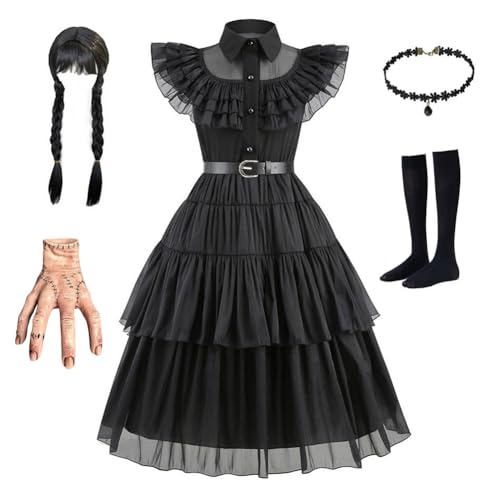 Hrlace Wednesday Kostüm kinder Mädchen Wednesday Kostüm Kleid Schwarz Kleid Mädchen Damen Halloween kostüm Mittwoch Karneval Kostüm-Outfits für Cosplay Party Fasching Karneval Halloween B-set4 140cm von Hrlace