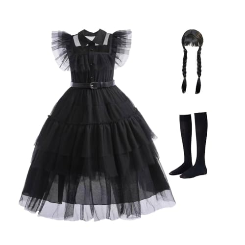 Hrlace Wednesday Kostüm kinder Mädchen Wednesday Kostüm Kleid Schwarz Kleid Mädchen Damen Halloween kostüm Mittwoch Karneval Kostüm-Outfits für Cosplay Party Fasching Karneval Halloween C-set 150cm von Hrlace