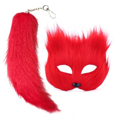 HshDUti Katzenmaske und Therianschwanz, Set aus pelziger Fuchsmaske und langem Fuchsschwanz, Schlüsselanhänger, Halbgesichtsmaske, Maskerade Maske für Cosplay, Kostüm, Party-Zubehör, Rot von HshDUti