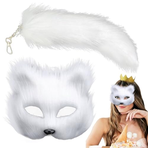 HshDUti Katzenmaske und Therianschwanz, Set aus pelziger Fuchsmaske und langem Fuchsschwanz, Schlüsselanhänger, Halbgesichtsmaske, Maskerade Maske für Cosplay, Kostüm, Party-Zubehör, Weiß von HshDUti