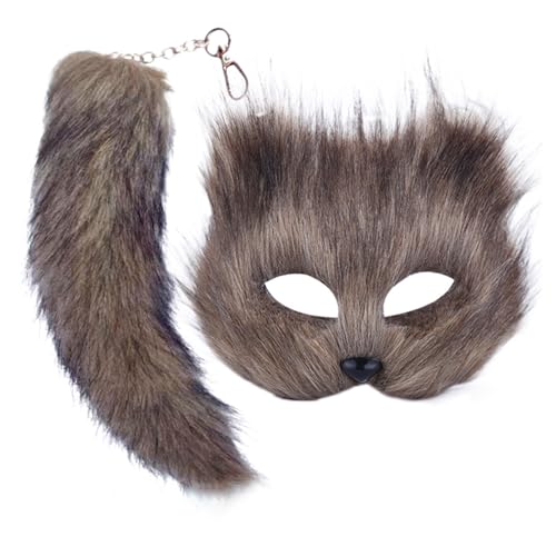 HshDUti Katzenmaske und Therianschwanz Set Pelzfuchsmaske & langer Fuchsschwanz Schlüsselanhänger Halbgesichtsmaske für Cosplay Fancy Kostüm Party Zubehör Grau von HshDUti