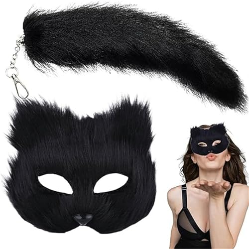 HshDUti Katzenmaske und Therianschwanz Set Pelzfuchsmaske & langer Fuchsschwanz Schlüsselanhänger Halbgesichtsmaske für Cosplay Fancy Kostüm Party Zubehör Schwarz von HshDUti