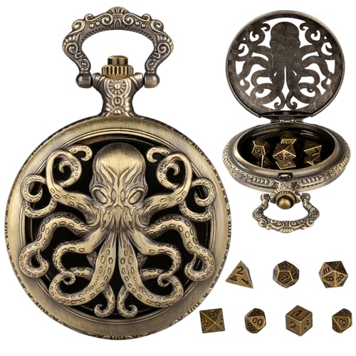 Hshenjhu Mini DND Würfel Set, 7 Teiliges Polyedrisches Metall D&D Würfel Set, Metall DND Würfel mit Hohlem SteampunkTaschenuhr Gehäuse, Rollenspiele-Brettspielzubehör Würfel, Bronze von Hshenjhu