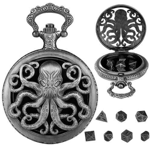 Hshenjhu Mini DND Würfel Set, 7 Teiliges Polyedrisches Metall D&D Würfel Set, Metall DND Würfel mit Hohlem SteampunkTaschenuhr Gehäuse, Rollenspiele-Brettspielzubehör Würfel, Pistole Schwarz von Hshenjhu