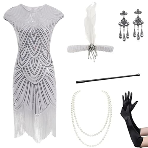 20 Jahre Kostüm, 20er Jahre Accessoires Silvester Outfit Kostüm Damen Party Outfit Vintage Mafia Kostüm Charleston Kleid 20er Jahre Flapper Kleid mit Pailletten Gatsby Accessoires Faschingskostüme von Hsternexy