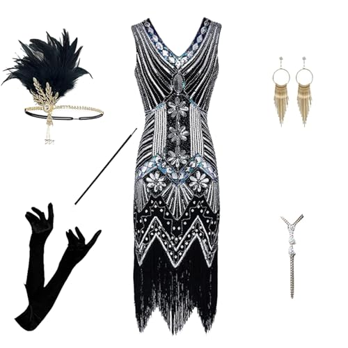 20Er Jahre, 20er Jahre Accessoires Silvester Outfit Kostüm Damen Party Outfit Vintage Mafia Kostüm Charleston Kleid 20er Jahre Flapper Kleid mit Pailletten Gatsby Accessoires Faschingskostüme von Hsternexy