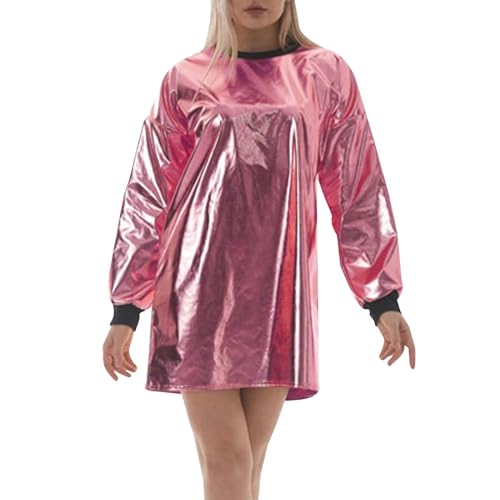 Alien Kostüm, Alien Kostüm Damen Space Girl Kleid mit Glänzend Metallic Kleid Lederkleid Weltall Astronauten Kostüm Wetlook Clubwear Halloween Karneval Fasching Party Outfits von Hsternexy