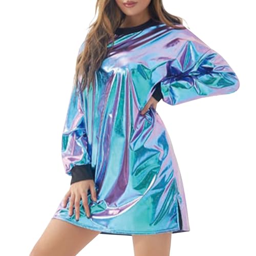 Alien Kostüm, Alien Kostüm Damen Space Girl Kleid mit Glänzend Metallic Kleid Lederkleid Weltall Astronauten Kostüm Wetlook Clubwear Halloween Karneval Fasching Party Outfits von Hsternexy