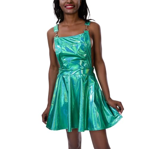 Alien Kostüm, Astronaut Kostüm Damen Metallic Minikleid Lederkleid Trägerkleid Rave Outfits Ärmellos Glitzer Wetlook Holographisches Partykleid Skaterkleid von Hsternexy