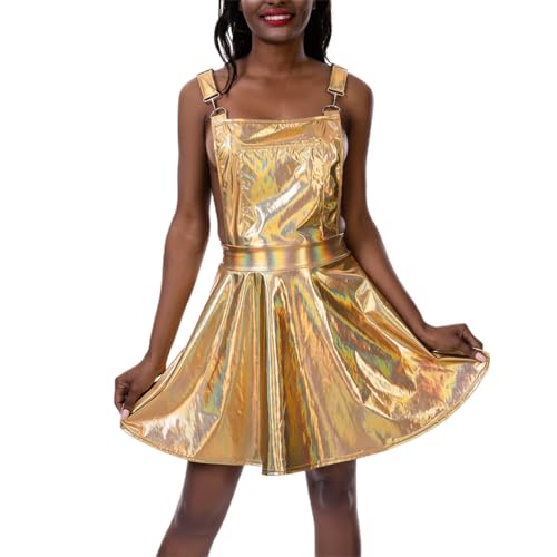 Alien Kostüm Aufblasbar, Astronaut Kostüm Damen Metallic Minikleid Lederkleid Trägerkleid Rave Outfits Ärmellos Glitzer Wetlook Holographisches Partykleid Skaterkleid von Hsternexy