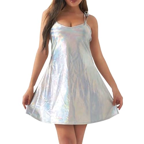 Alien Kostüm Damen, Astronaut Kostüm Damen Metallic Minikleid Lederkleid Trägerkleid Rave Outfits Ärmellos Glitzer Wetlook Holographisches Partykleid Skaterkleid von Hsternexy