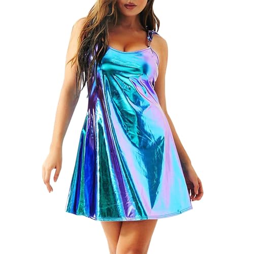 Alien Kostüm Damen, Astronaut Kostüm Damen Metallic Minikleid Lederkleid Trägerkleid Rave Outfits Ärmellos Glitzer Wetlook Holographisches Partykleid Skaterkleid von Hsternexy