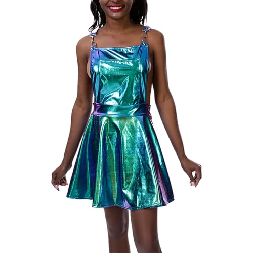 Astronaut, Astronaut Kostüm Damen Metallic Minikleid Lederkleid Trägerkleid Rave Outfits Ärmellos Glitzer Wetlook Holographisches Partykleid Skaterkleid von Hsternexy